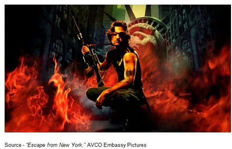 “The United States Police Force, like an army, is encamped around the island. There are no guards inside the prison, only prisoners and the worlds they have made. The rules are simple: once you go in, you don't come out.” – Narrator, “Escape from New York,” AVCO Embassy Pictures, 1981