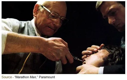 “A live, freshly-cut nerve is infinitely more sensitive. So I'll just drill into a healthy tooth until I reach the pulp. Unless, of course, you can tell me that it's safe.” – Christian Szell, “Marathon Man,” Paramount, 1976