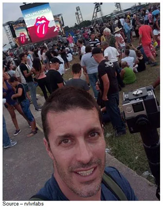 Test Shot – Nick Bicanic, rvlvrlabs, memorialized himself as he prepares to do a 360 video documentary of the first Rolling Stones concert in Cuba. The event was so popular more than a million Cubans attended first hand and viewing on screens around Havana and other cities. 