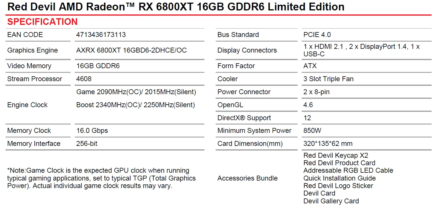 PowerColor RX 6800 XT Specs
